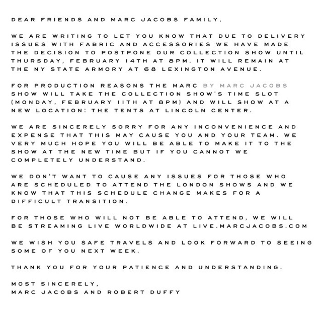 Marc Jacobs Formal Apology on Rescheduling of FW13 show.