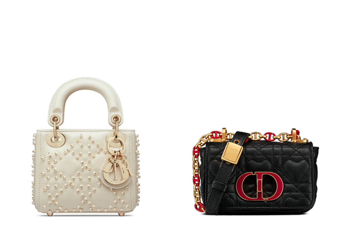 Dior Pearl Embellished Micro Lady Dior Bag and Heart Shaped Cannage Dior Caro Black Micro Bag