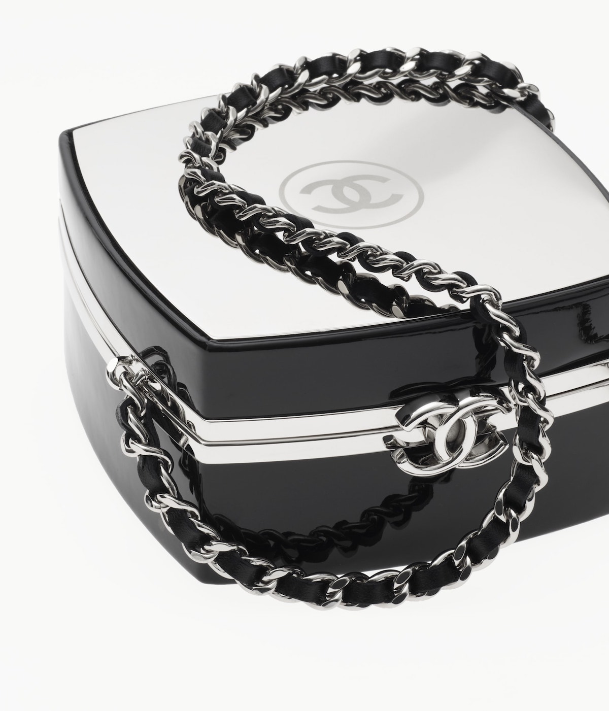 Chanel Silver Black Compact Powder Clutch With Chain