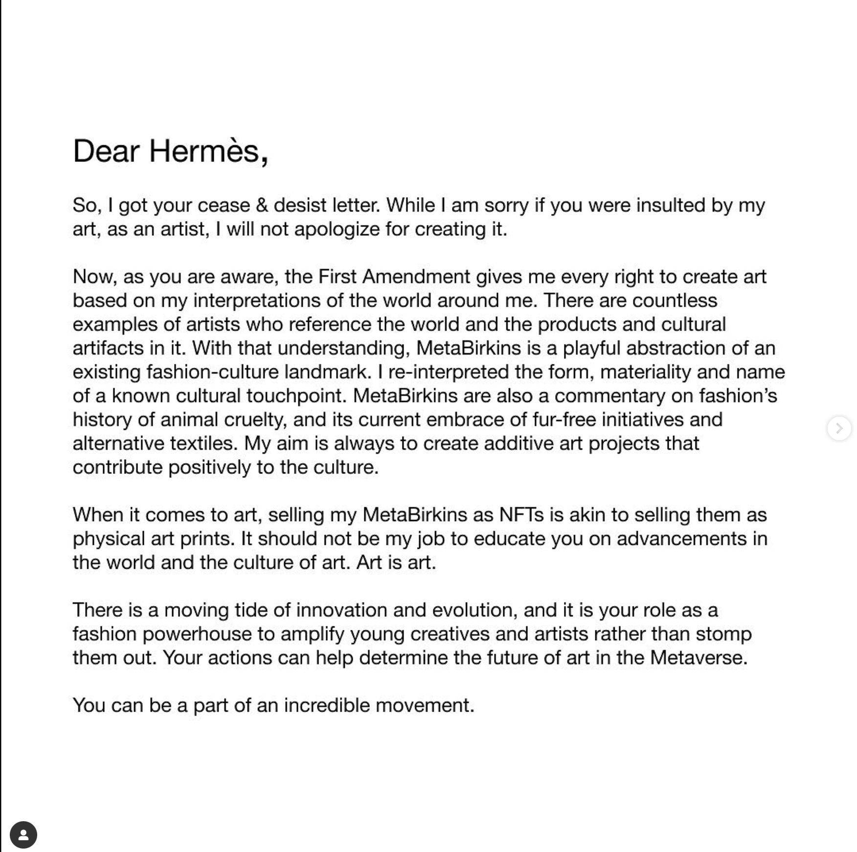 Mason Rothschild Open Letter to Hermes